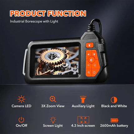 1080P Industrial Endoscope Camera Borescope Inspection Camera w/ 4.3" IPS Screen 2m/5.5mm