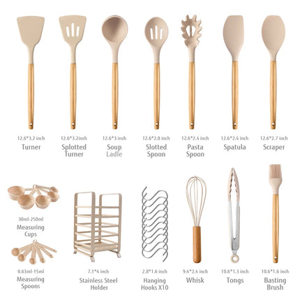 32PCS Silicone Utensils Set BPA Free Heat Resist Kitchen Baking Cookware Wooden