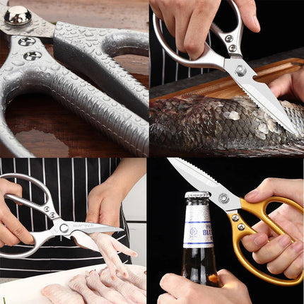 2Pcs Kitchen Scissors Fish Meat Chicken Bone Sharp Shears Beer Cap Opener Golden