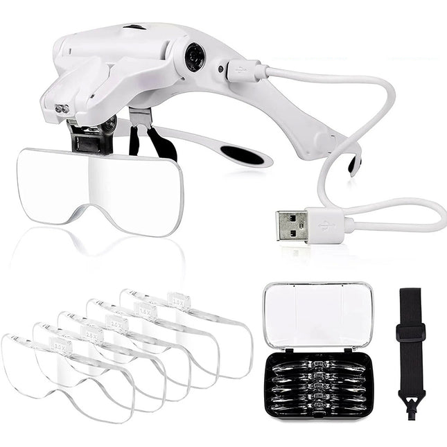 5 Lens Magnifying Glasses LED Headband Headset Head Magnifier Lam Rechargeable