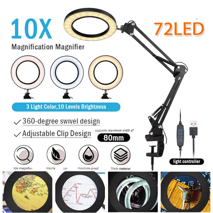 10X Magnifying Glass with 72 LED Light Magnifier Crafts Reading Desk Stand Lamp