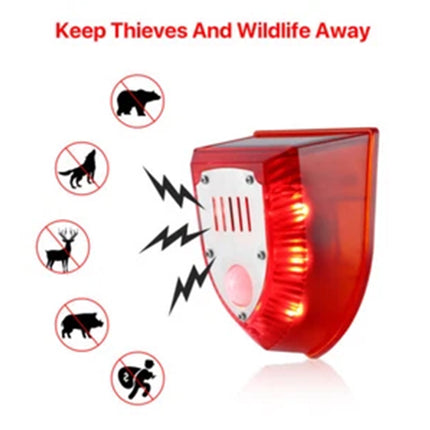 Solar Outdoor Motion Sensor Alarm Waterproof 129dB Sound Security Siren Light