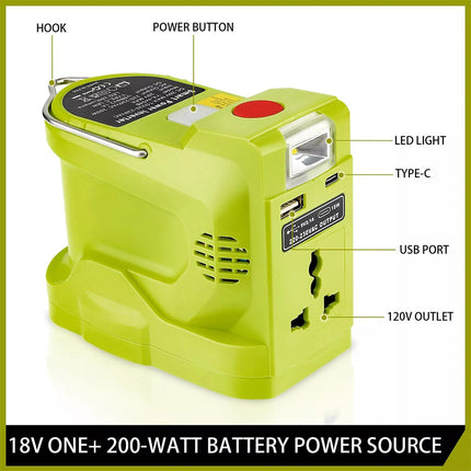 200W For Ryobi ONE Power Inverter 18V Battery Convert to AC 120V/220V w/Type-C