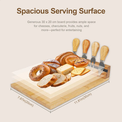 Bamboo Cheese Cutting Board & Knife Set Wooden Serving Boards & Cheese Knives