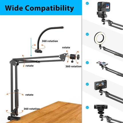 Overhead Phone Mount with Ring Light, Flexible Arm Tripod Phone Camera Holder