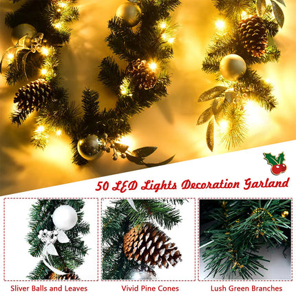 2.7M Christmas Garland Pre-lit LED Xmas Decoration Pinecones Hanging Decor Door