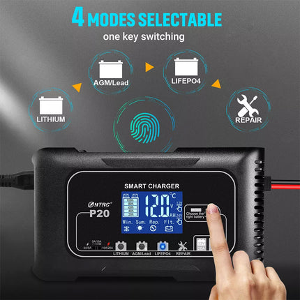 20A Automatic Lithium Battery Charger 12V/24V For Lifepo4 Lead-Acid AGM/Gel/SLA