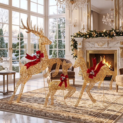 3-Piece Lighted Christmas Prancing Reindeer Family Gold Prancing Outdoor Display Stag Doe Fawn Outdoor Xmas Deer Set with Solar Panel AU Plug