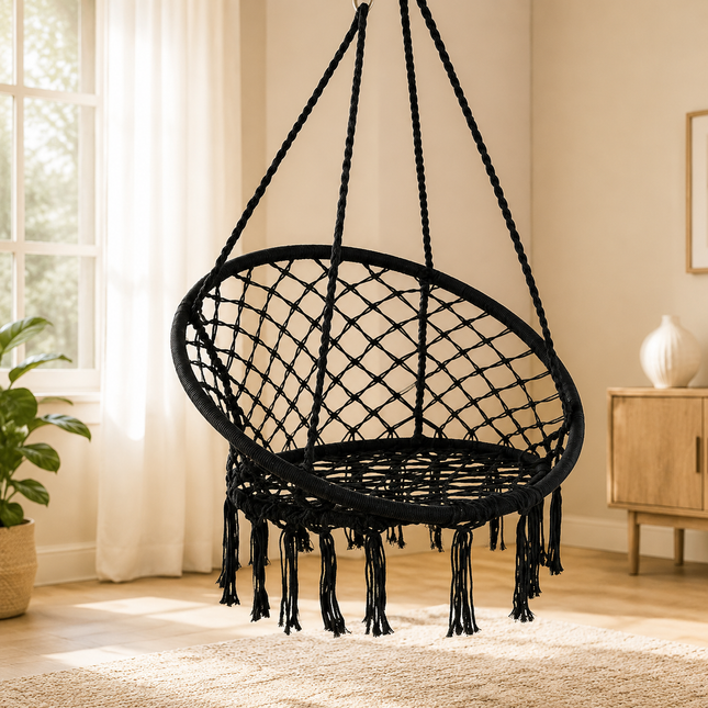 Black Boho Macrame Hammock Chair Hanging Swing Seat Indoor Outdoor Patio