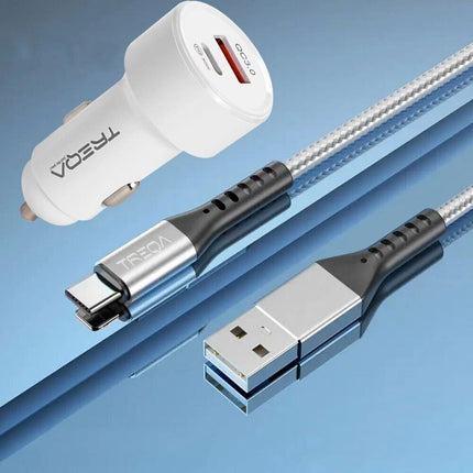 White USB-C Fast Car Charger with Charging Cable Adapter iPhone Samsung