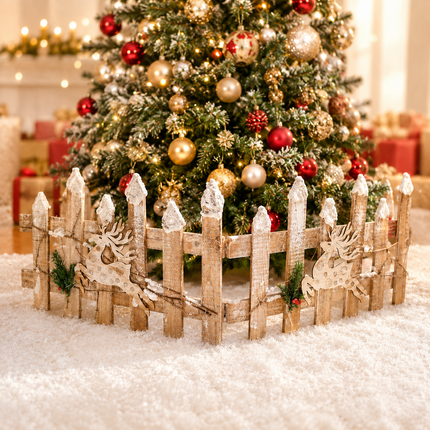 Christmas Wooden Picket Fence Reindeer Snow Tipped Tree Base Xmas Decor
