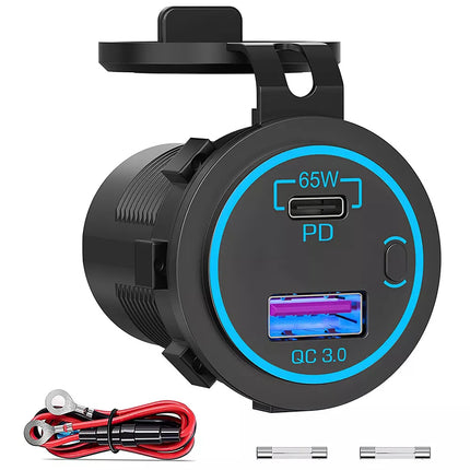 65W 12/24V PD USB C Laptop Car Charger 18W QC3.0 USB Outlet Socket for Car Boat