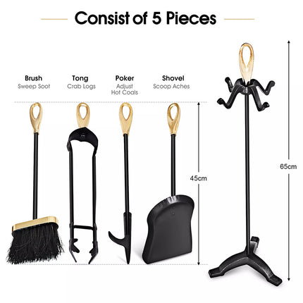 5 PCS Iron Fireplace Set Utility Tool Set Shovel Poker Tongs Stand Stove