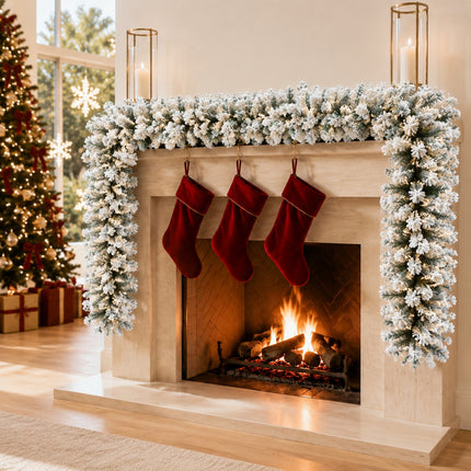 2.7m White Snow Flocked Christmas Garland Hanging Rattan Warm Light Indoor DIY Mantel Decor