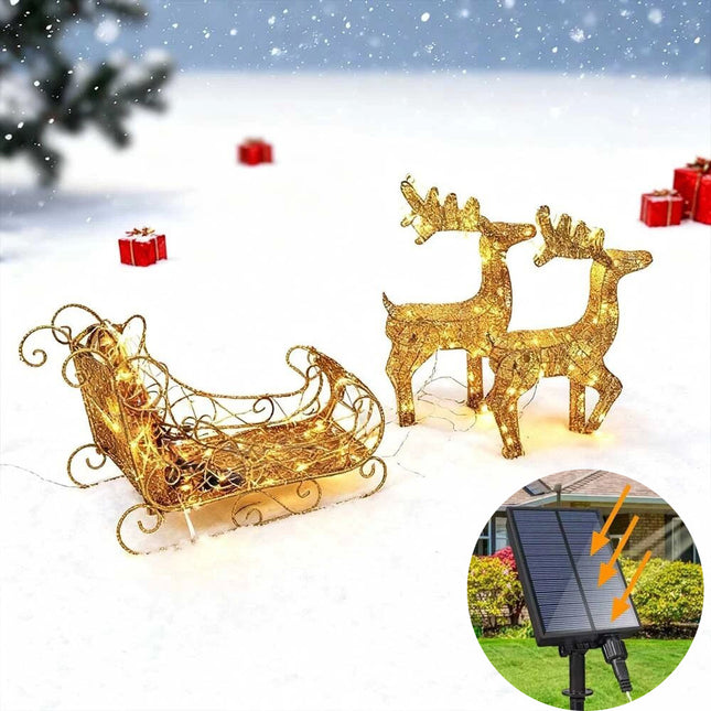 Solar-Powered Set of 3 Christmas Decoration Reindeer and Sleigh LED Yard Xmas
