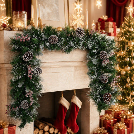 270cm Lightly Frosted Pine Christmas Garland with Pine Cones & Red Berries Decor
