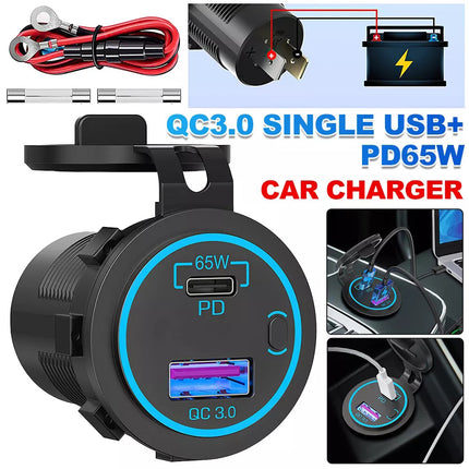 65W 12/24V PD USB C Laptop Car Charger 18W QC3.0 USB Outlet Socket for Car Boat