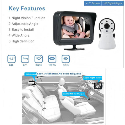 4.3" Baby Car Camera HD 1080P - Rear-Facing Infant Monitor with Night Vision