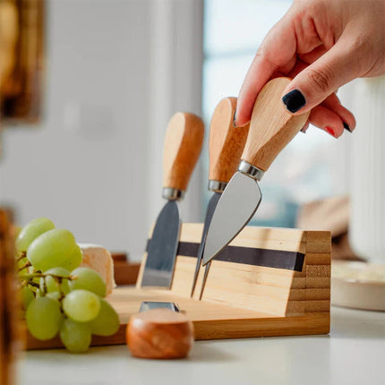 Bamboo Cheese Cutting Board & Knife Set Wooden Serving Boards & Cheese Knives