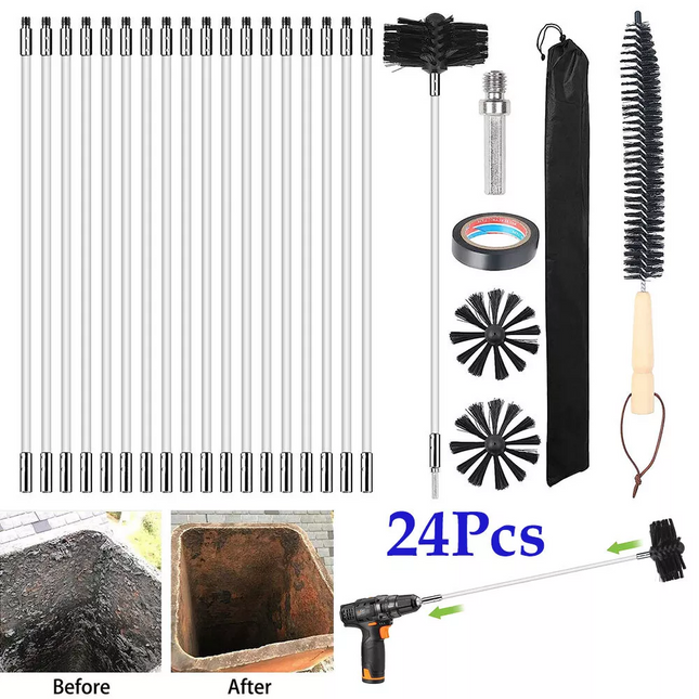 24x Flexible Chimney Sweep Set Kit Flue Sweeping Brush & Rod Soot Cleaning Rods
