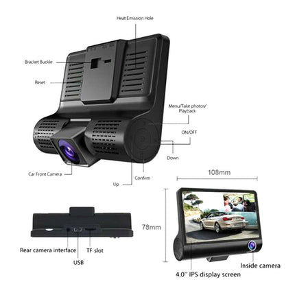 1080P Car DVR 4" 3 Lens Dash Cam Front and Rear Video Recorder Camera G-sensor