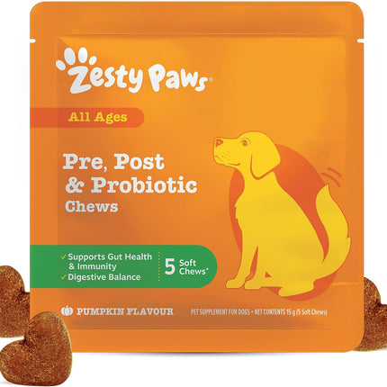 Zesty Paws Dog Probiotic Travel Pack 5 Chews Digestion Gut Health Pumpkin