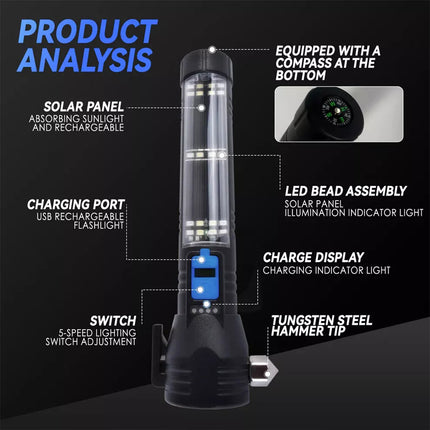 Premium Solar Power LED Torch Multi-functional USB Phone Charge, Compass, Hammer