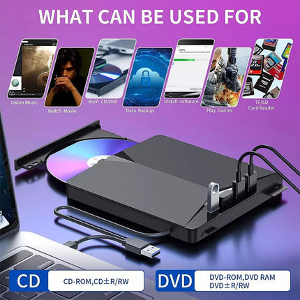 7 In 1 External CD DVD Drive USB 3.0 SD Disc Player Burner Writer For Laptop Mac
