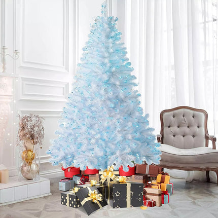 1.2/1.5M/1.8M/2.1M Christmas Tree with LED Lights Easy Assemble Bushy Xmas Decor White Tree+Blue Lights