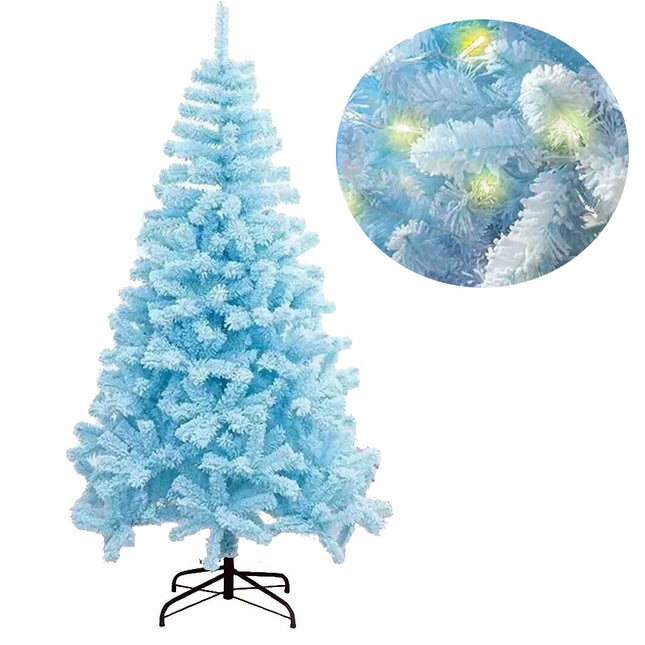 Blue artificial Christmas tree with a close-up inset showing detailed branches.