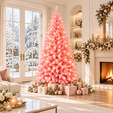 210cm 7FT Pink Snow Flocked Christmas Tree Pre-Lit With LED Light 350LED Warm White Xmas Decor