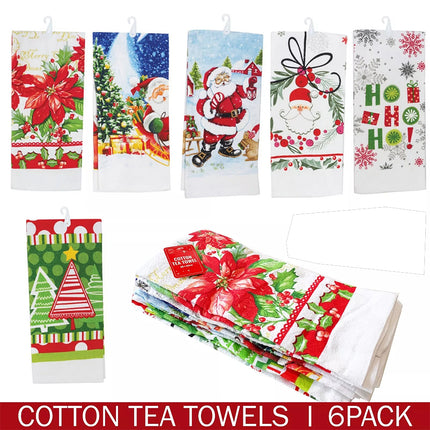 6pk Christmas Tea Towel Towels Teatowel Dishcloths 100% Cotton Kitchen Xmas