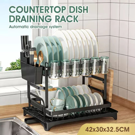 2 Tier Dish Drainer Drying Rack with Cup Holder Cutlery Tray Kitchen Organiser