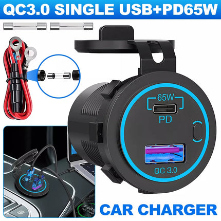 65W 12/24V PD USB C Laptop Car Charger 18W QC3.0 USB Outlet Socket for Car Boat