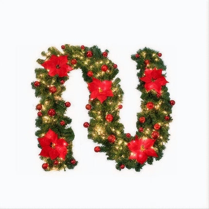 Red with Lights 9FT Xmas Christmas Garland Artificial Wreath with LED Lights Stairs Home Rattan