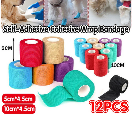 12-Pack Self-Adhesive Cohesive Wrap Bandages in Multi-Sizes for Pets and Vets 10cm*4.5cm