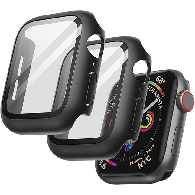 Case with Screen Protector for Apple Watch Series 9 8 7 45mmm Built-in Tempered Glass 2 Pack Black
