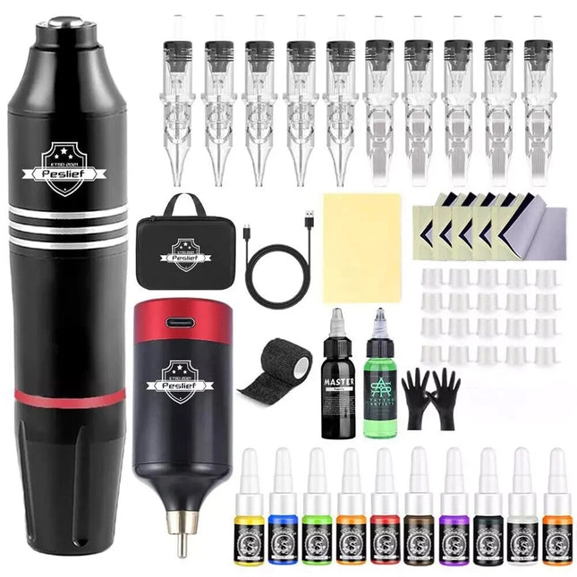 Wireless Tattoo Gun Kit Complete Rotary Pen Machine With Power Supply Ink Needle