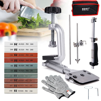 Knife Sharpener System Angle Adjustable Sharpening w/ 10 Whetstones & Gloves Set