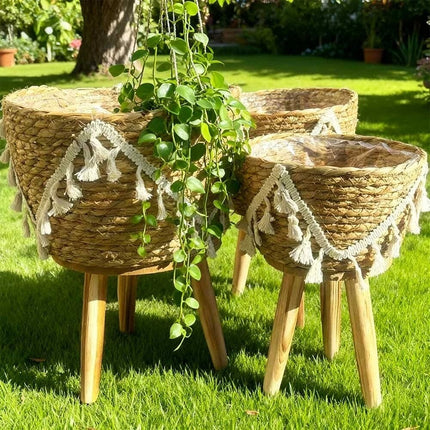 Set of 3 Plant Pot Stand With Wooden Leg Balcony Display Holder Indoor Flower