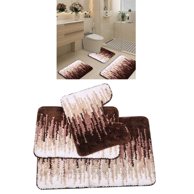 Brown 3 Pcs Microfiber Bathroom Rug Shaggy Soft Non-Slip Absorbent Bath Mat Plush