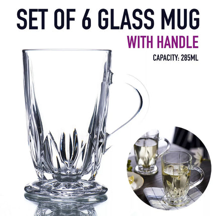 Set of 6 Crystal Glass Mugs w Handle Tea Coffee Hot Cold Drink Beverage 285ml