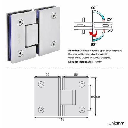 2Pcs 180° 304 Stainless Steel Shower Screens Glass Hinge Frameless Door Enclosures