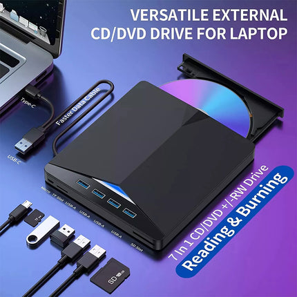 7 In 1 External CD DVD Drive USB 3.0 SD Disc Player Burner Writer For Laptop Mac