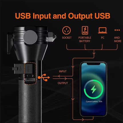 Premium Solar Power LED Torch Multi-functional USB Phone Charge, Compass, Hammer