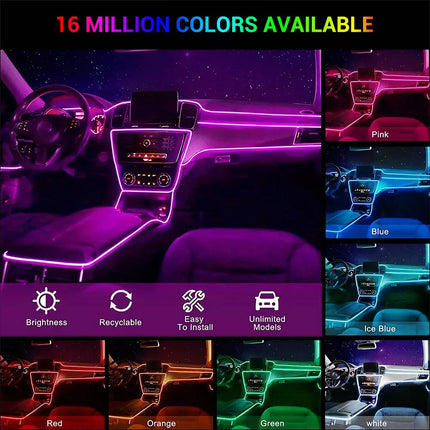 12V RGB Car Interior LED Lights Fiber Optic Neon Wire Strip Atmosphere Light USB