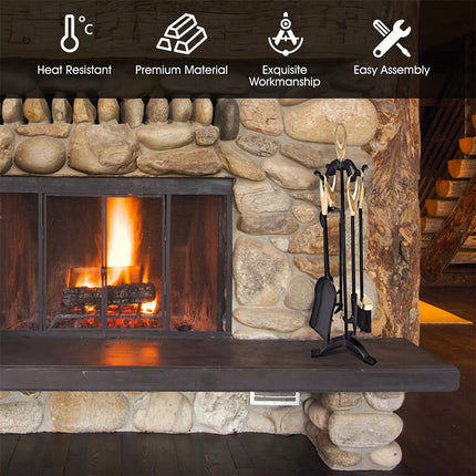 5 PCS Iron Fireplace Set Utility Tool Set Shovel Poker Tongs Stand Stove