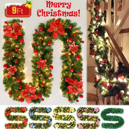 Red with Lights 9FT Xmas Christmas Garland Artificial Wreath with LED Lights Stairs Home Rattan