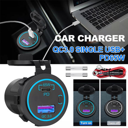 65W 12/24V PD USB C Laptop Car Charger 18W QC3.0 USB Outlet Socket for Car Boat
