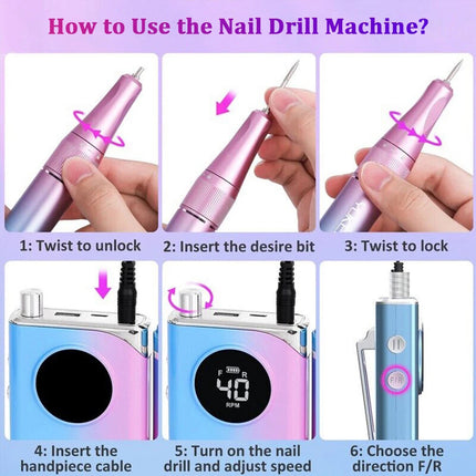 Portable Rechargeable Electric Cordless Nail Drill Machine Art File Manicure Kit